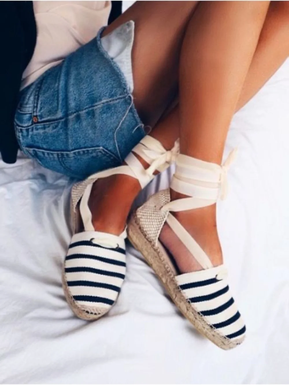 Soludos Navy White Striped Lace-Up Espadrille Flats Ankle Tie —Sz. 7
